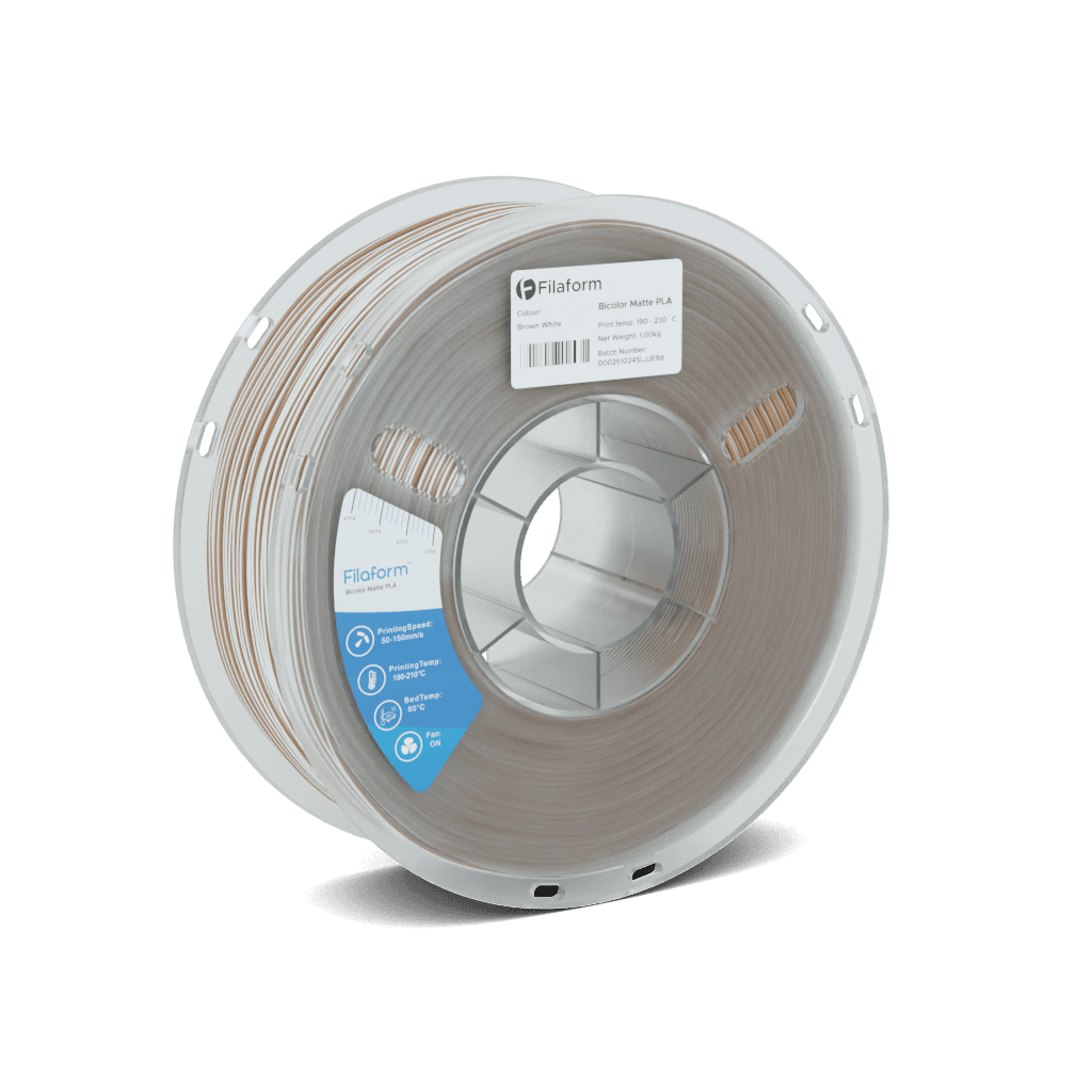 A 1kg spool of Filaform Matte PLA in Dual Brown & White