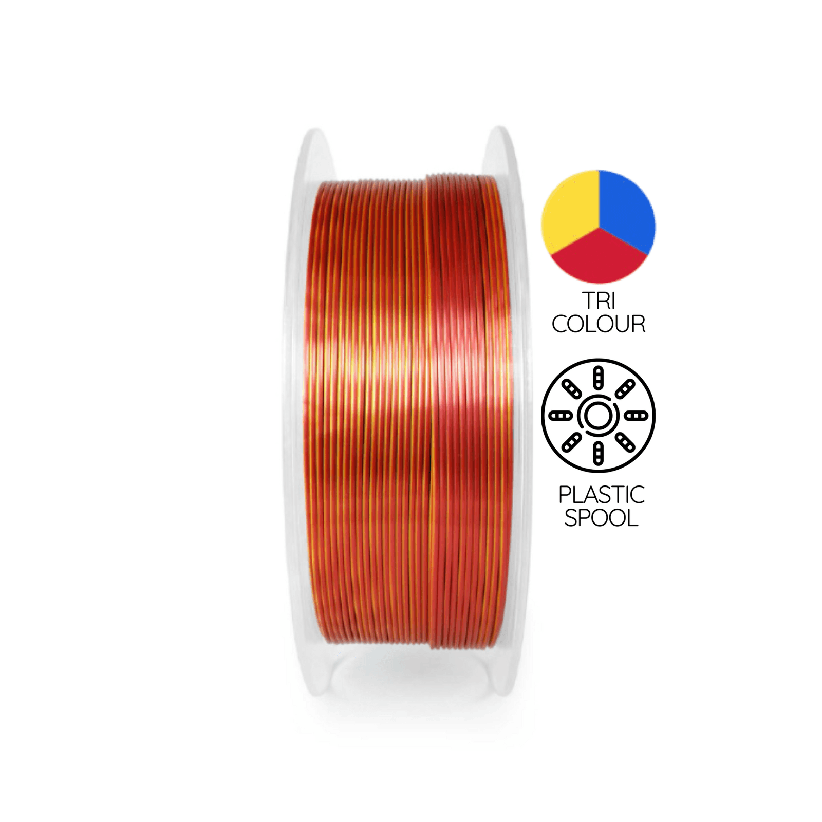 A 1kg spool of Filaform Tri-Colour Silk PLA in Gold, Blue & Red