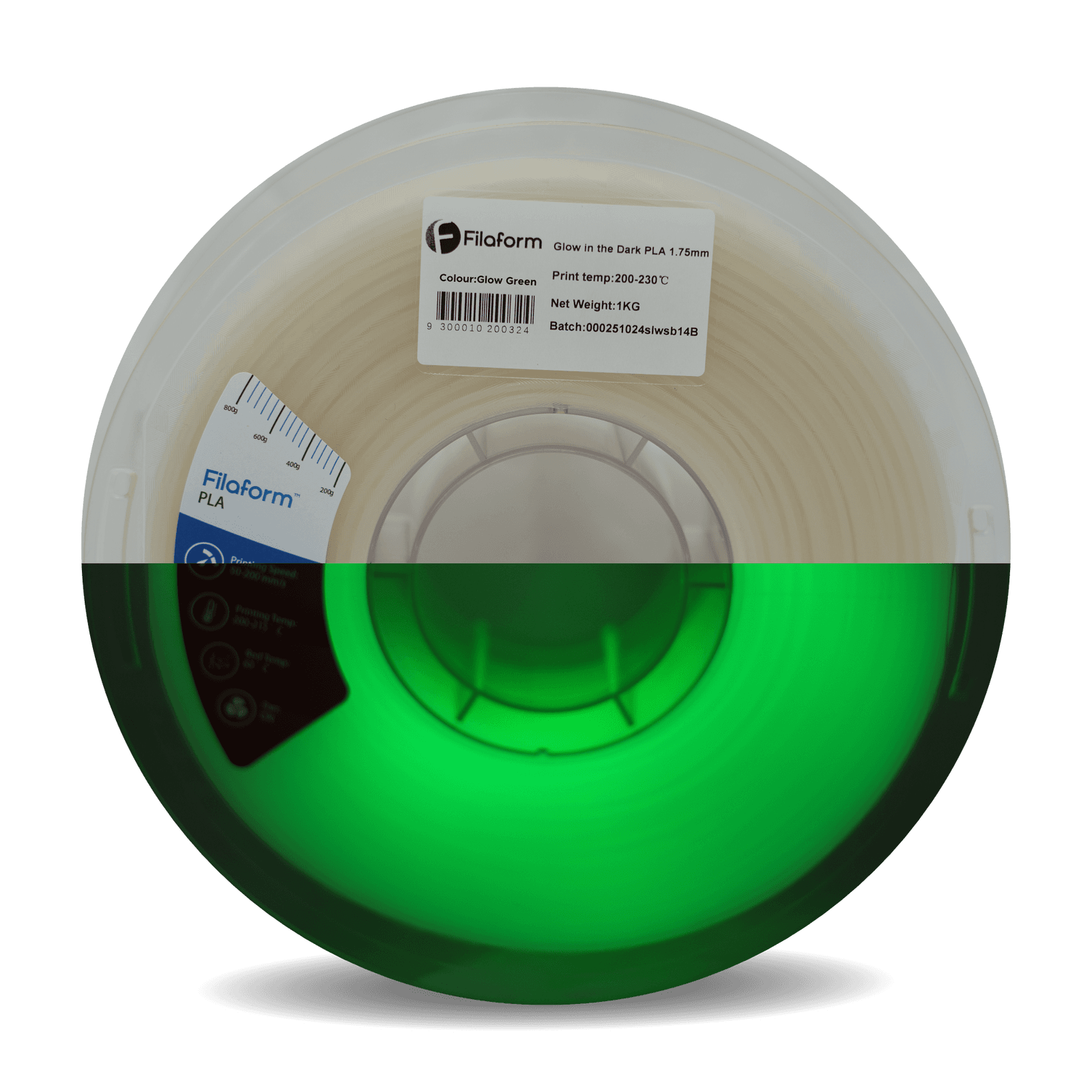 A 1kg spool of Filaform Glow in the Dark PLA in Glow Green, shown in daylight and glowing in the dark