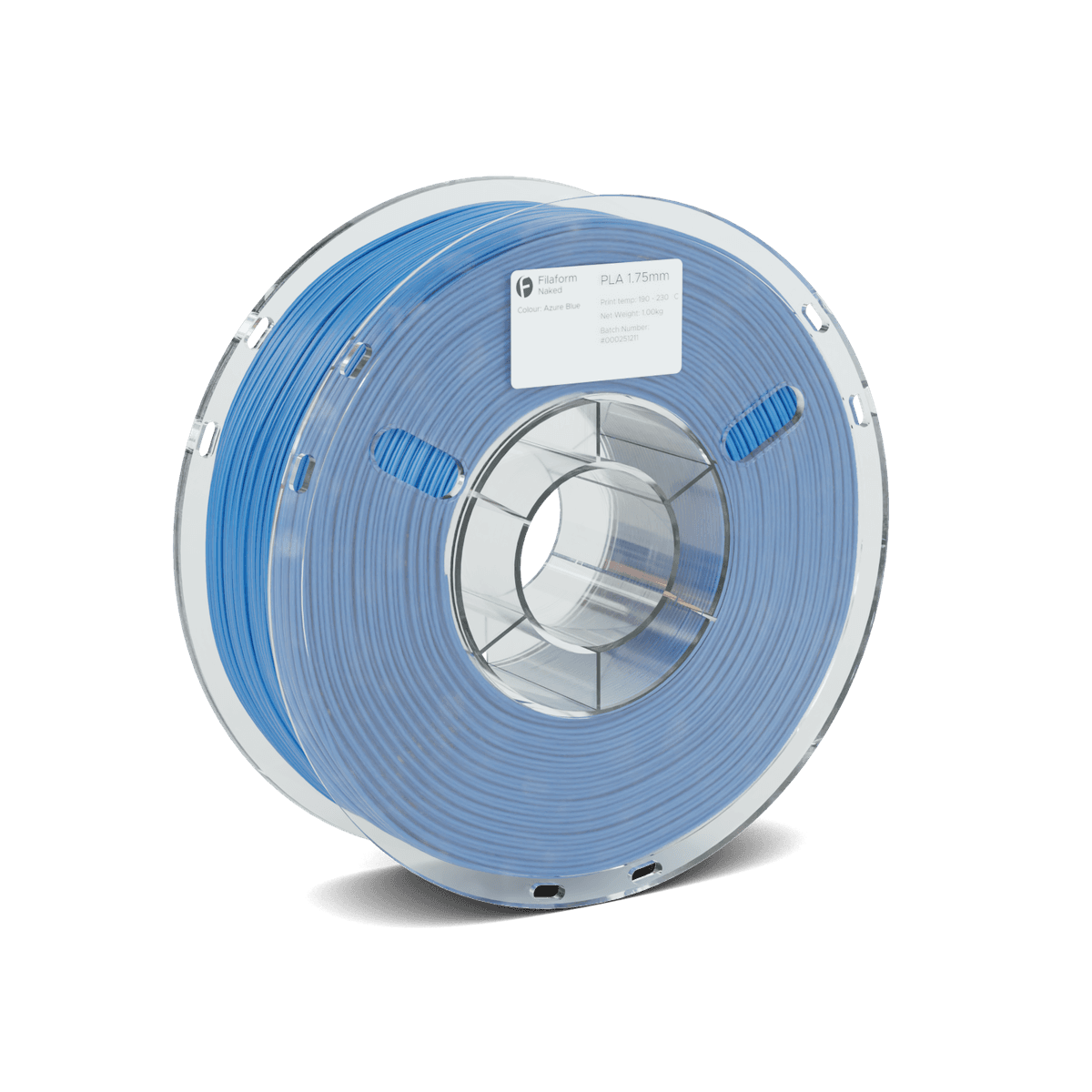 A 1kg spool of Filaform Naked PLA in Azure Blue on a clear spool