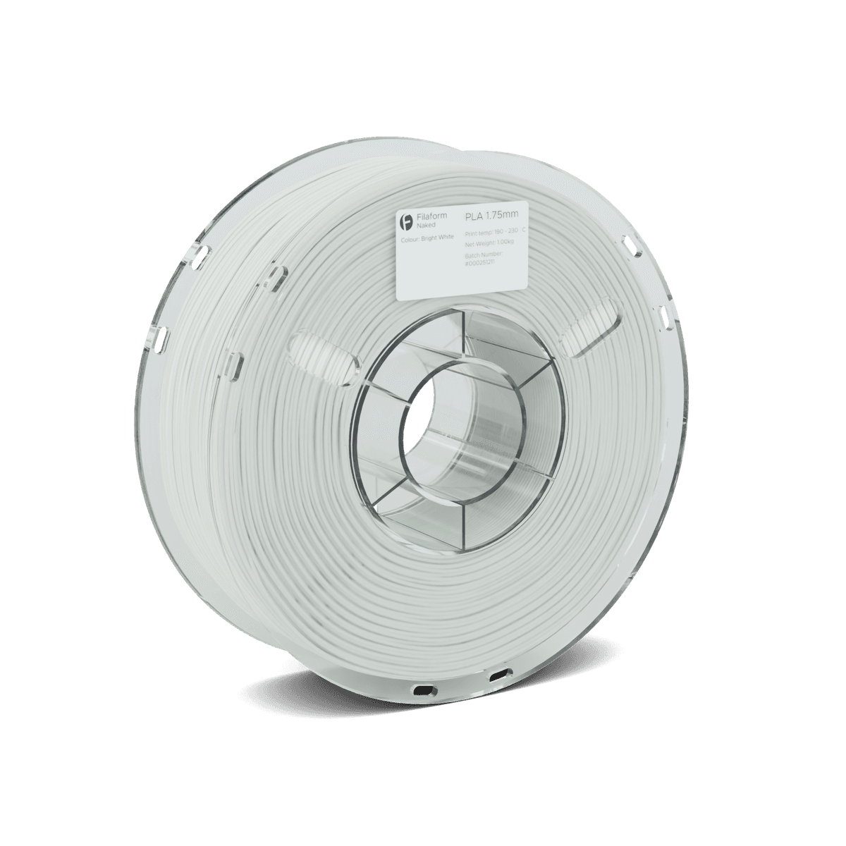 A 1kg spool of Filaform Naked PLA in Bright White on a clear spool